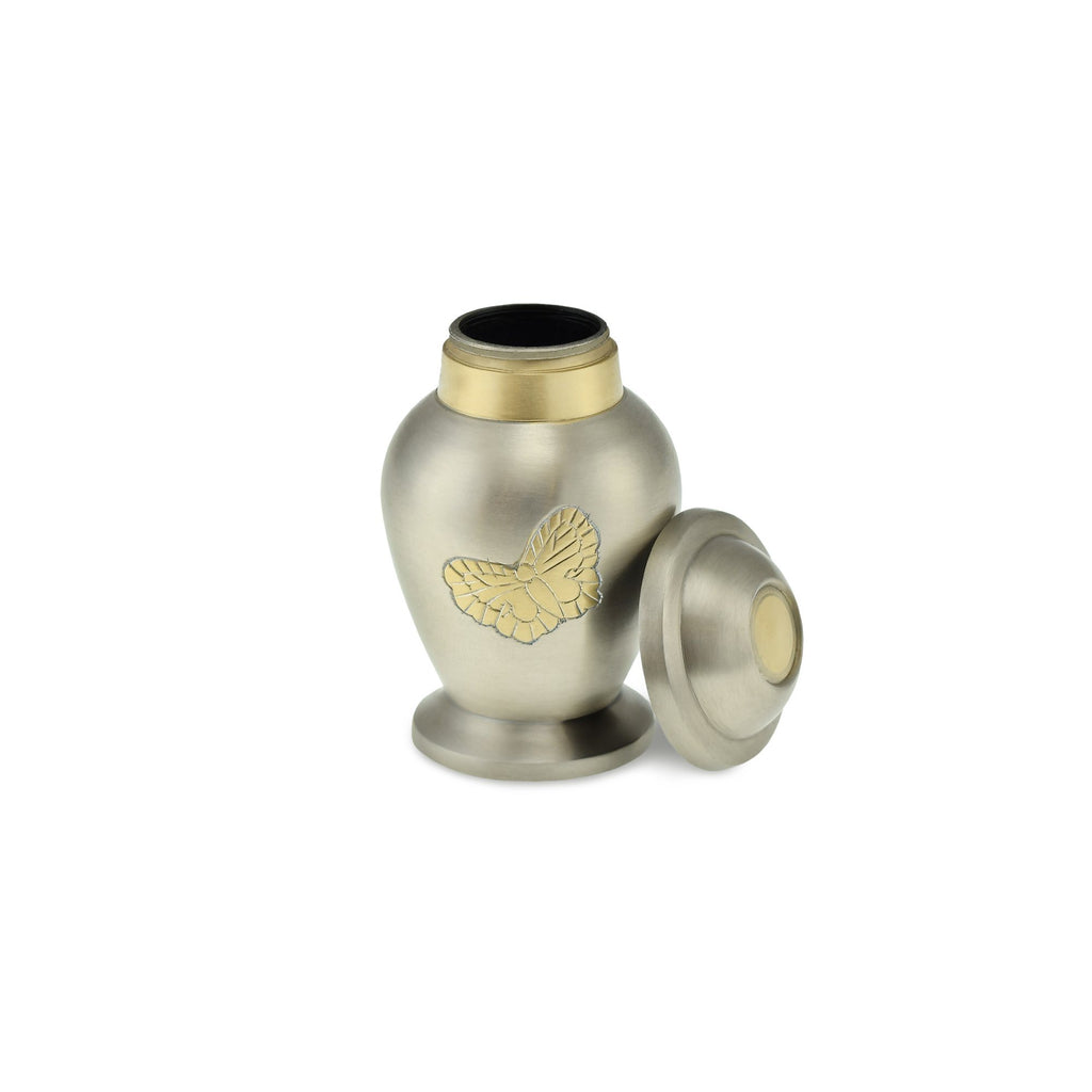 Adult brass keepsake urn, matt pewter with brass-coloured